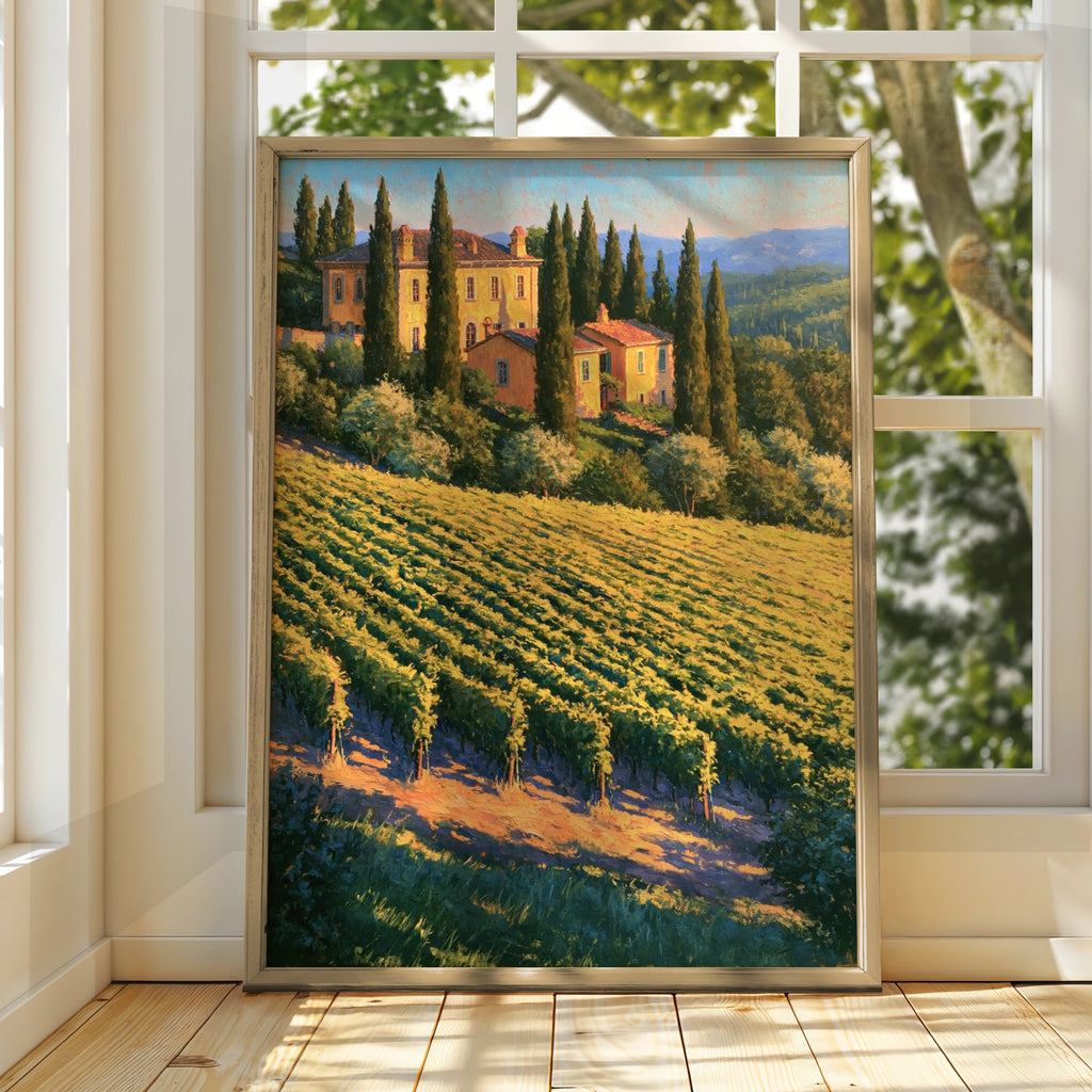 Tuscany Vineyard Poster, Italian Cypress Villa, Oil Painting Style Wall Art