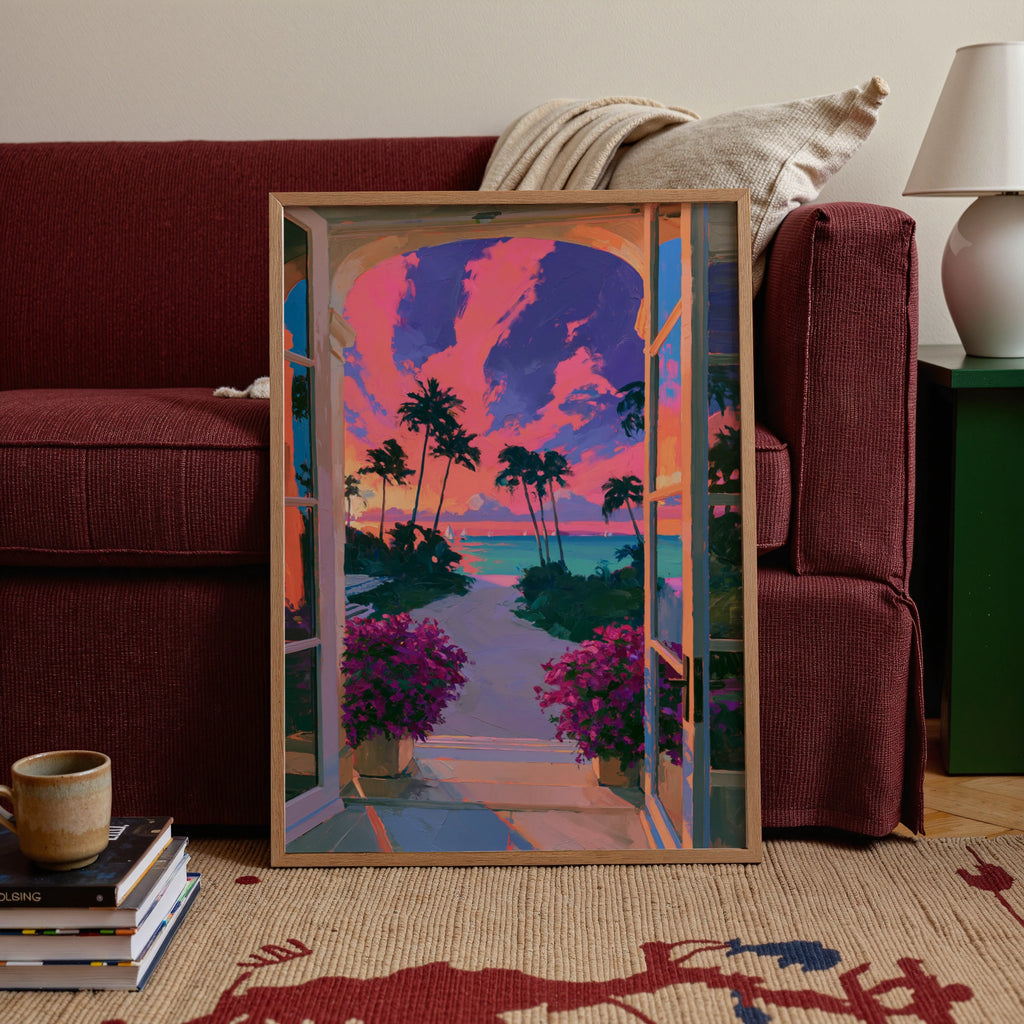 Sunset Beach View Through Arch Window, Tropical Palm Tree Poster, Vibrant Pink Sky Art