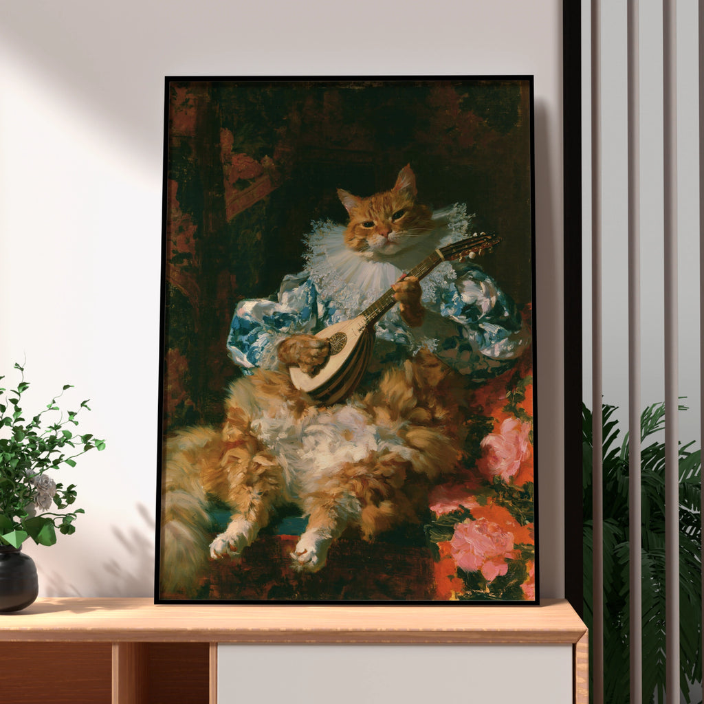 Cat Playing Lute Poster, Baroque Animal Portrait, Renaissance Musician Wall Art