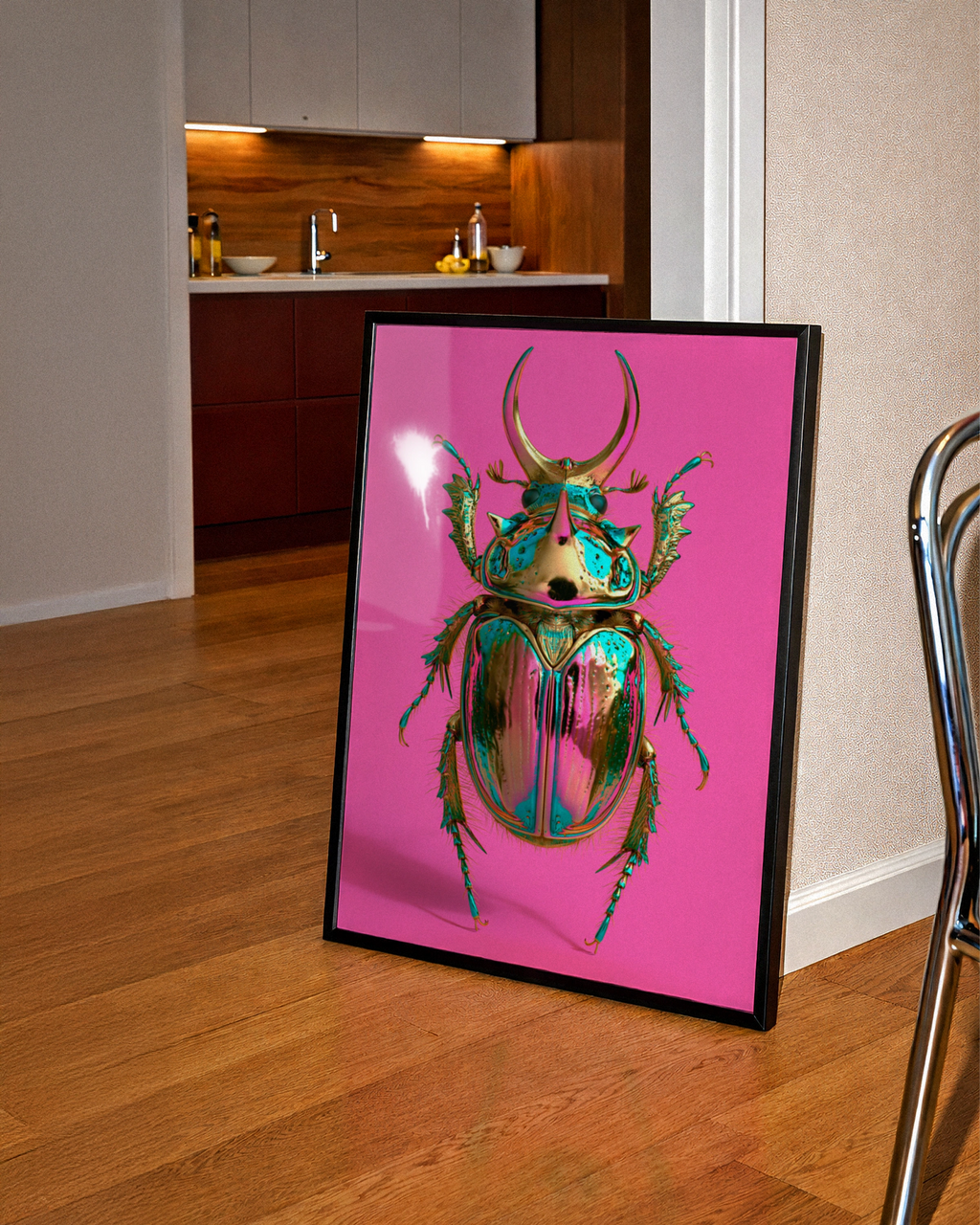 Metallic Beetle Poster, Pink Iridescent Insect Wall Art, Bold Colour Print