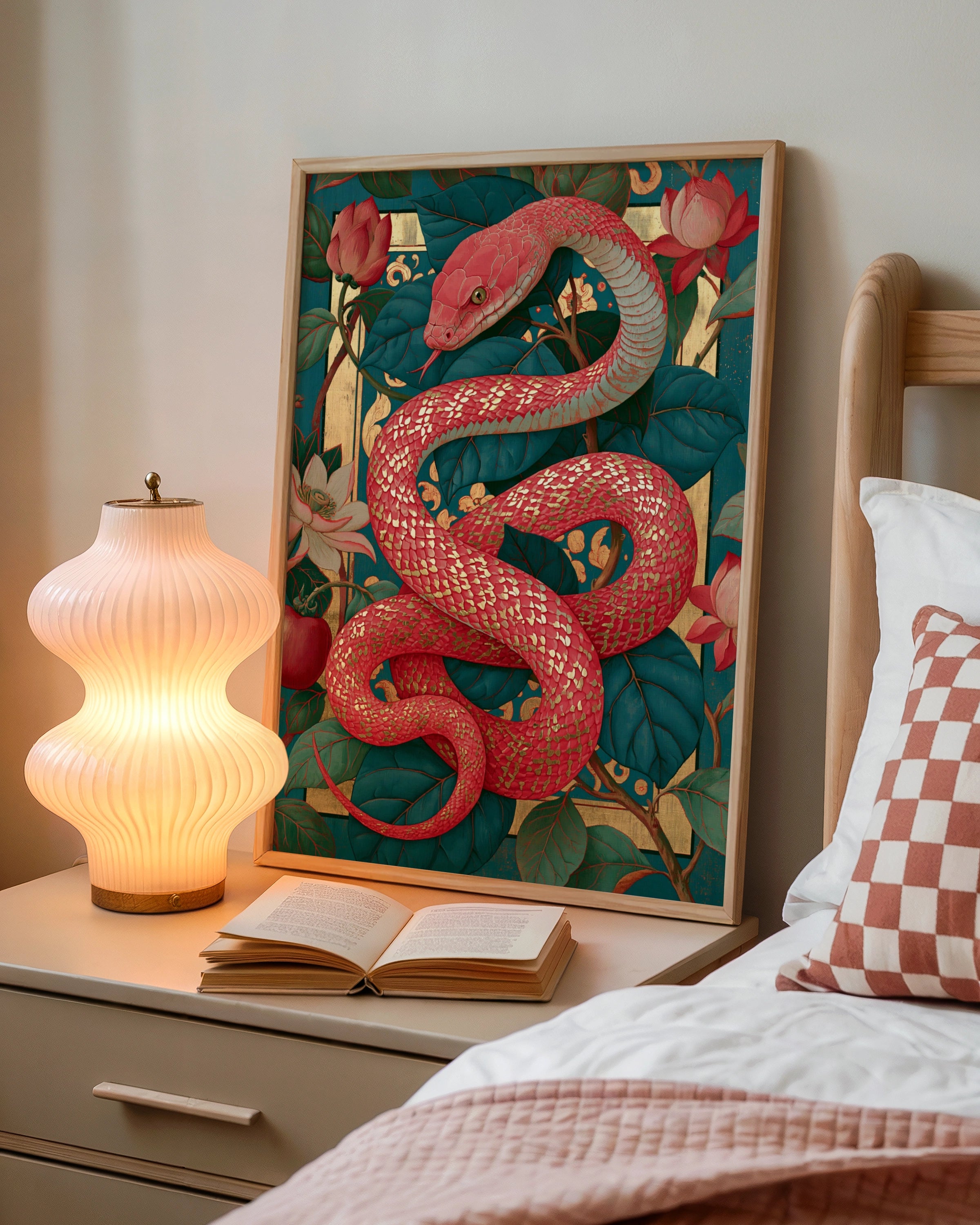 Red Snake Botanical Wall Art Poster, Gold Floral Teal Art Nouveau Print