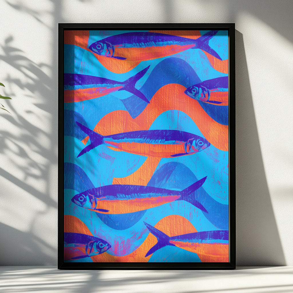 Sardine School Fish Poster, Blue Orange Wall Art, Bold Linocut Style Print