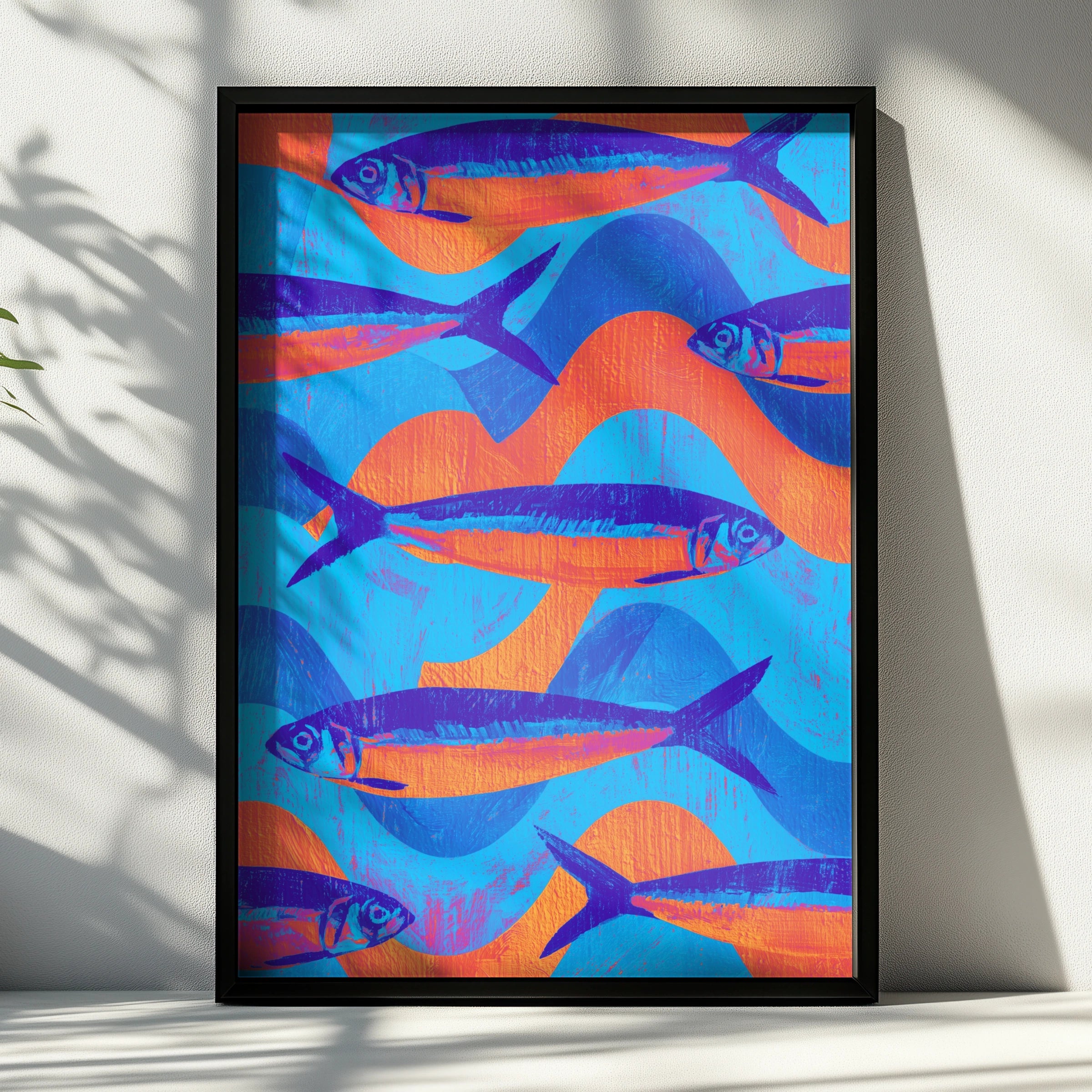Sardine School Fish Poster, Blue Orange Wall Art, Bold Linocut Style Print