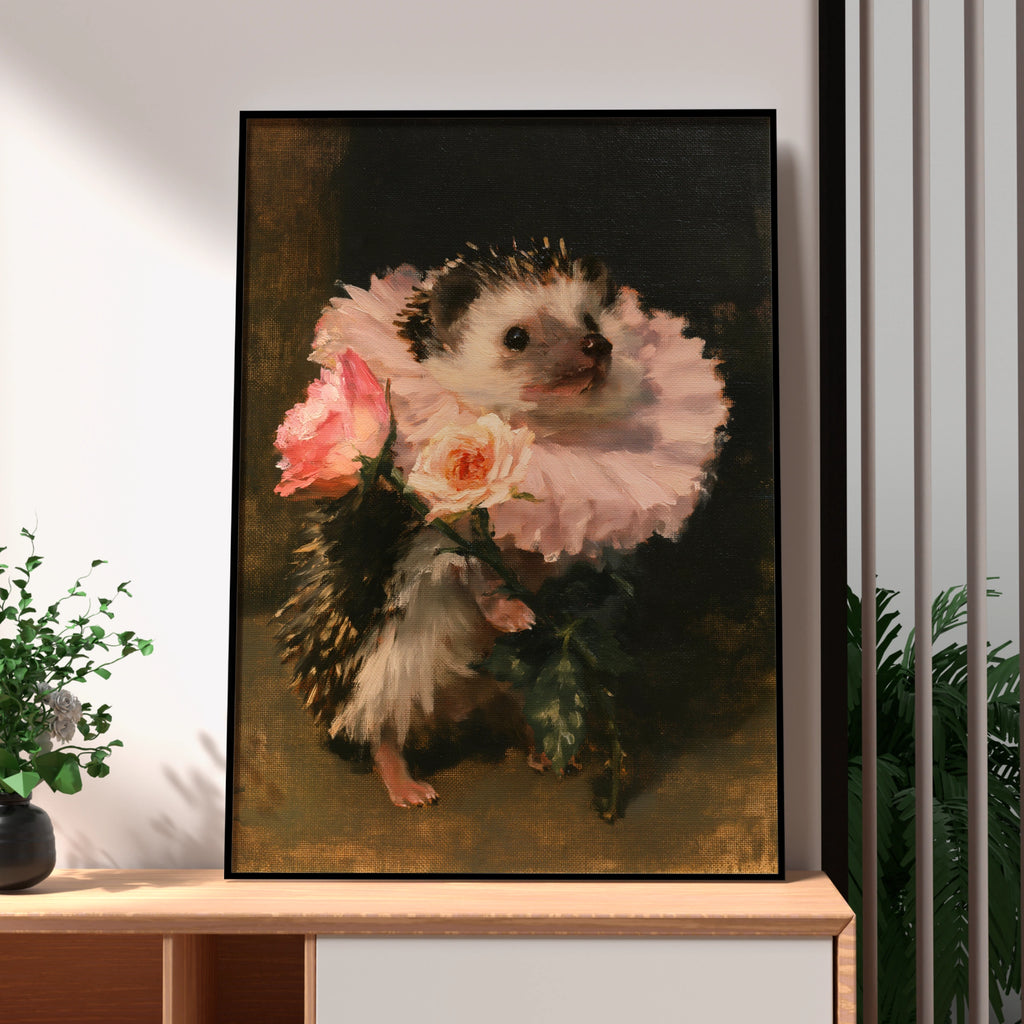 Hedgehog with Roses Poster, Floral Animal Wall Art, Old Masters Style Print