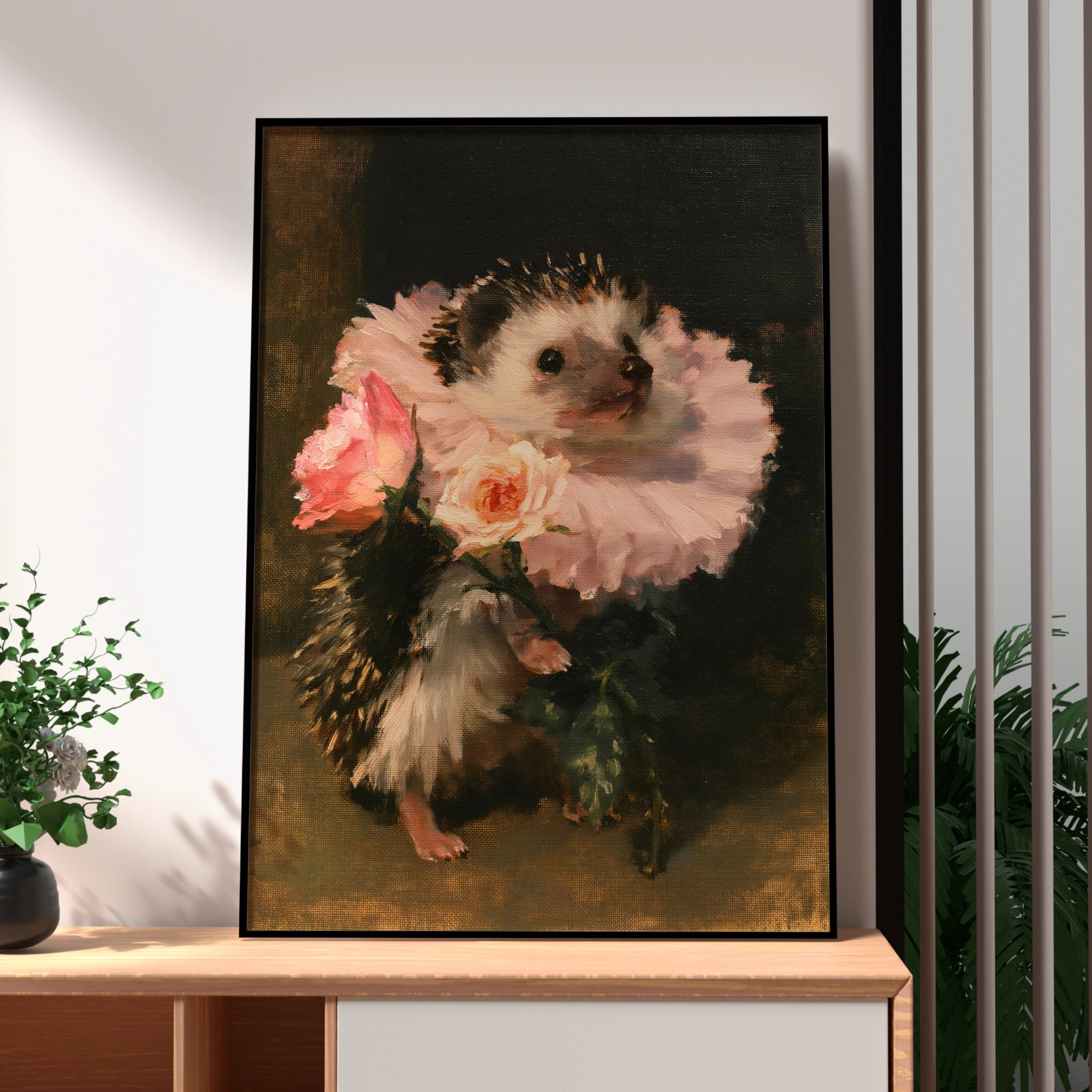 Hedgehog with Roses Poster, Floral Animal Wall Art, Old Masters Style Print