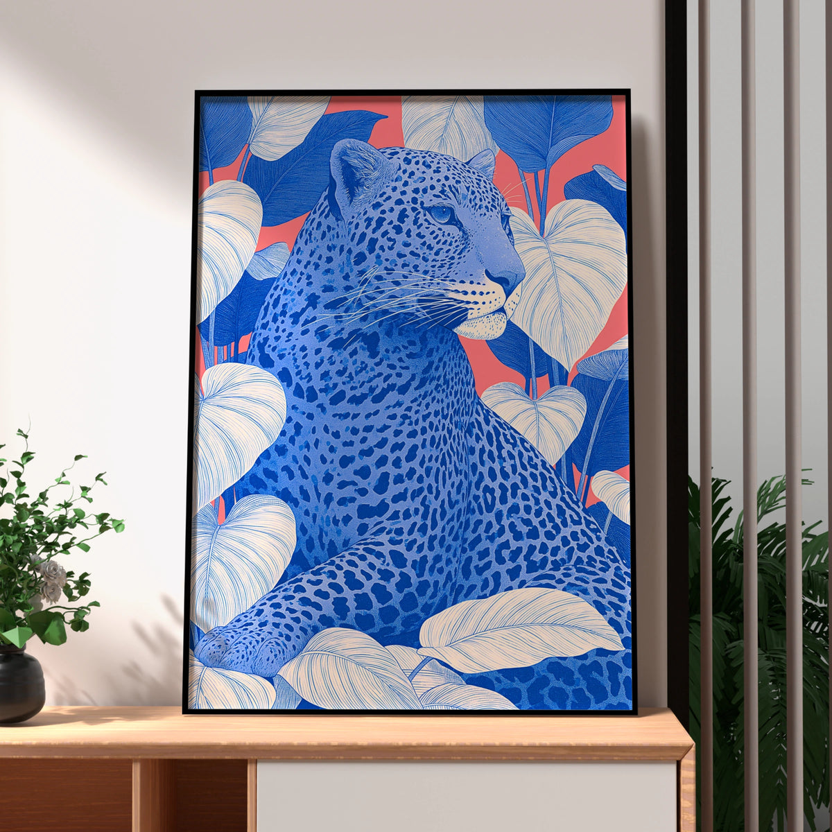 Blue Leopard Tropical Leaves Poster, Bold Pink Wildlife Wall Art Print