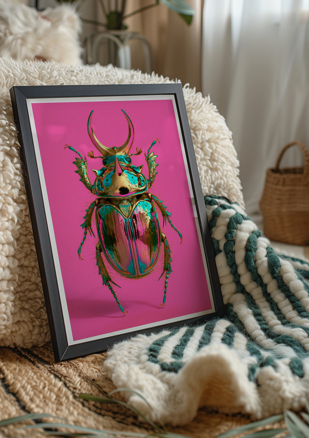 Metallic Beetle Poster, Pink Iridescent Insect Wall Art, Bold Colour Print