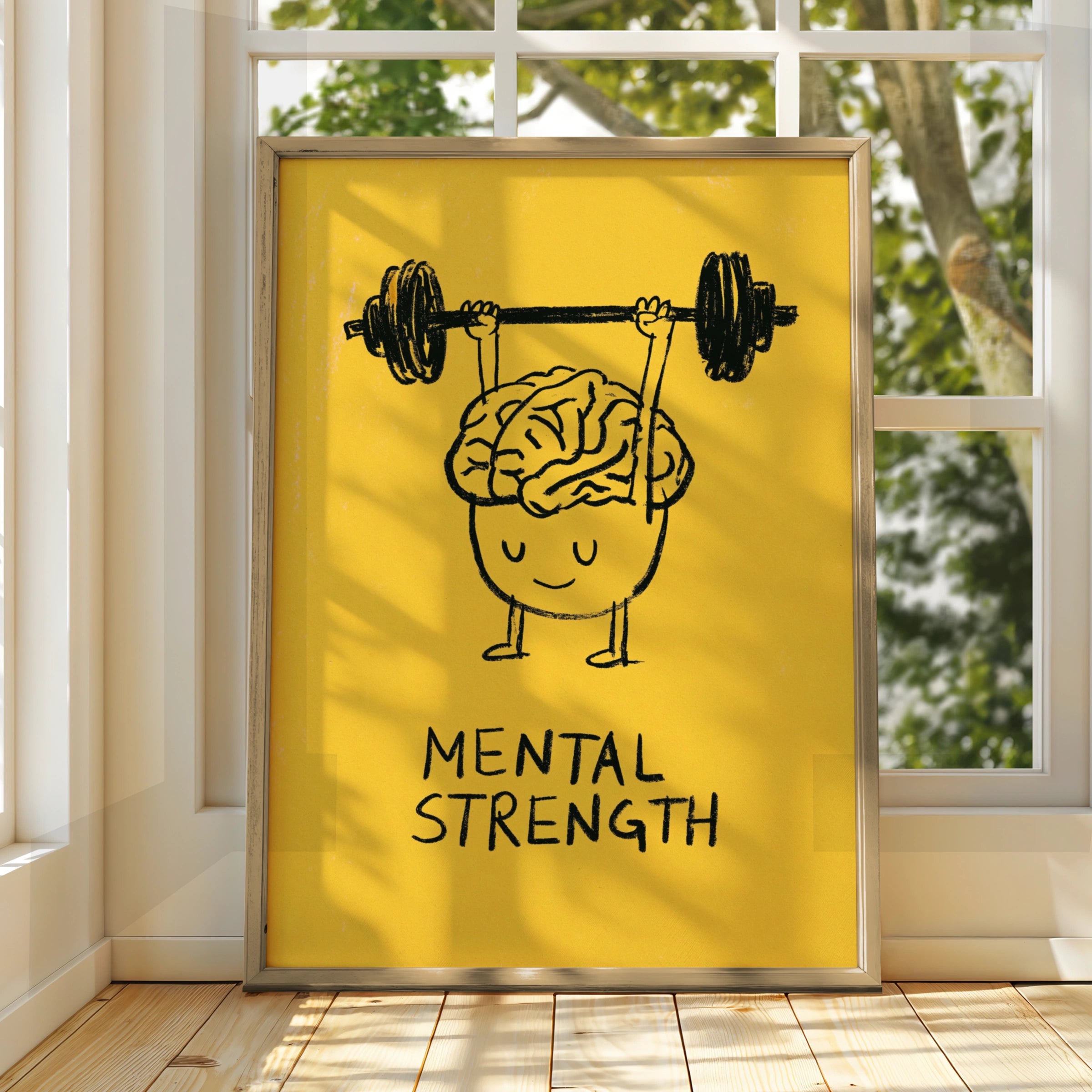 Mental Strength Brain Weightlifting Poster, Motivational Wall Art, Yellow Bold Print