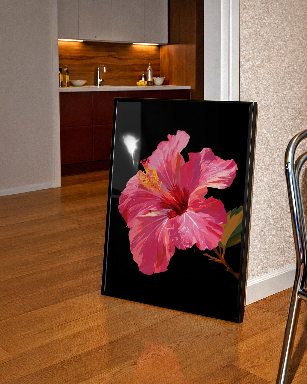 Pink Hibiscus Flower Poster, Tropical Botanical Wall Art, Dark Background Print