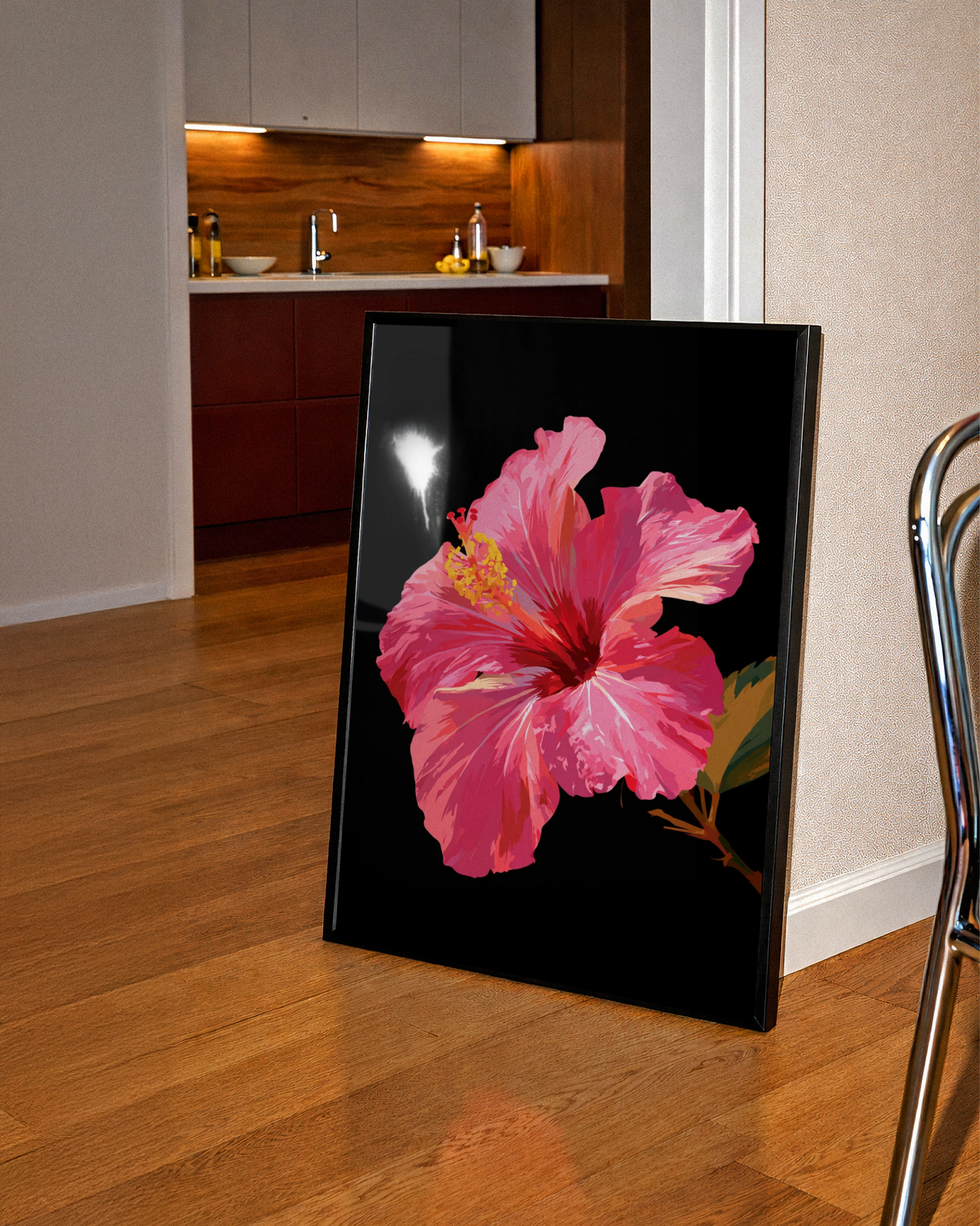 Pink Hibiscus Flower Poster, Tropical Botanical Wall Art, Dark Background Print