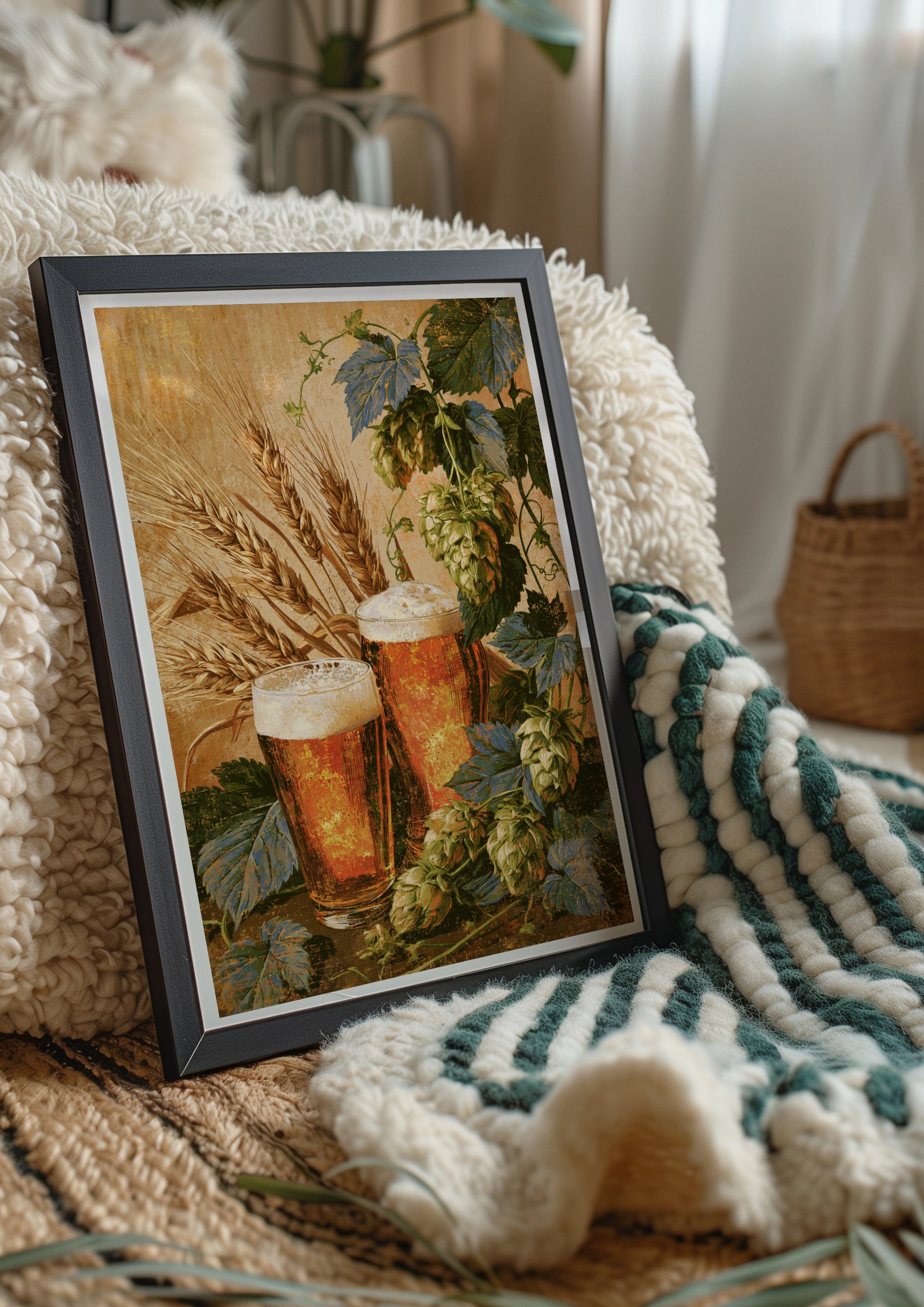 Beer Hops & Wheat Still Life Poster, Vintage Brewery Wall Art Print