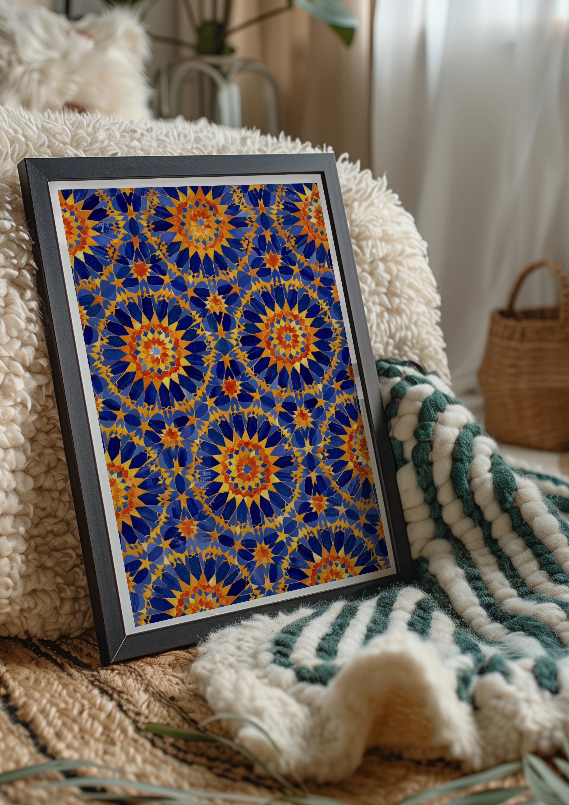 Moroccan Tile Pattern Poster, Blue Orange Geometric Wall Art Print