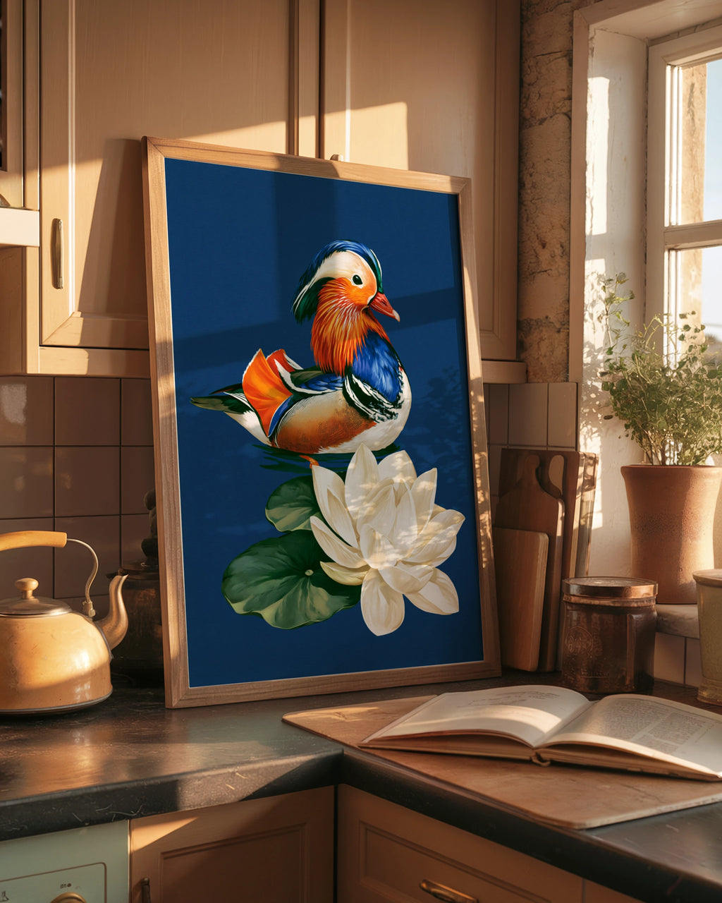 Mandarin Duck Lotus Flower Poster, Colourful Bird Wall Art, Oriental Style Print