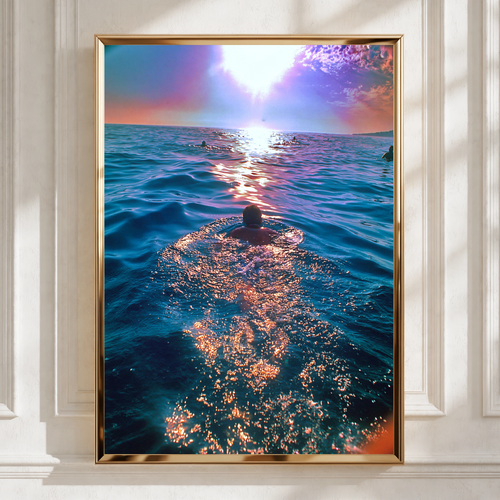 Swimming Man at Sunset Ocean Poster, Sea Swimming Wall Art, Vibrant Blue
