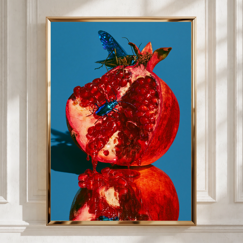 Pomegranate Beetles Wall Art Poster, Bold Red Blue Nature Print