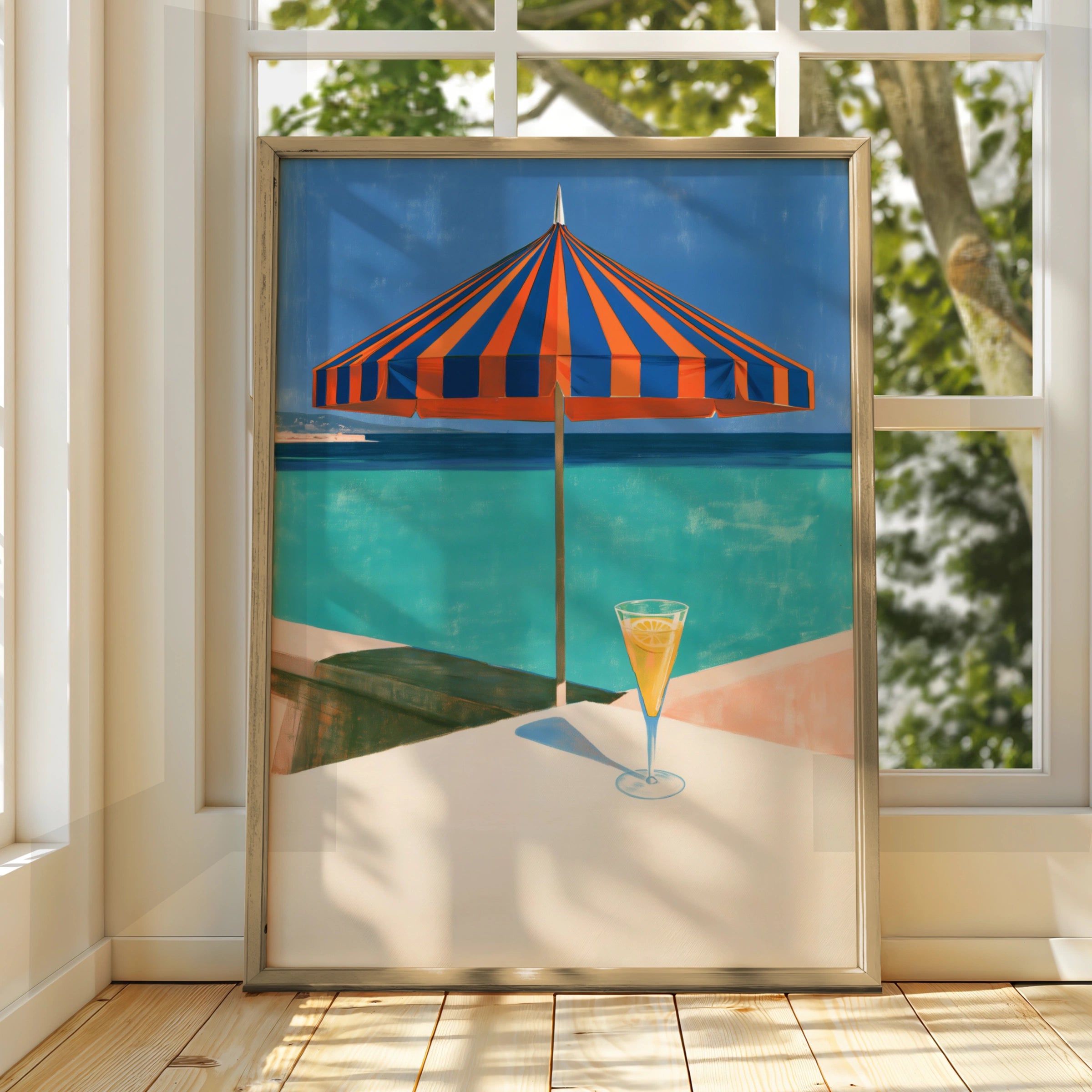 Beach Parasol Cocktail Ocean View Poster, Striped Umbrella, Retro Summer Print