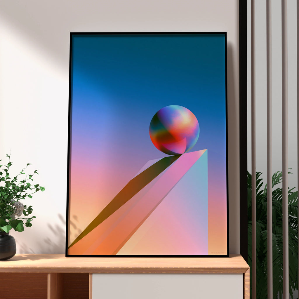 Iridescent Sphere Geometric Poster, 3D Abstract Ball Art Print, Modern Gradient