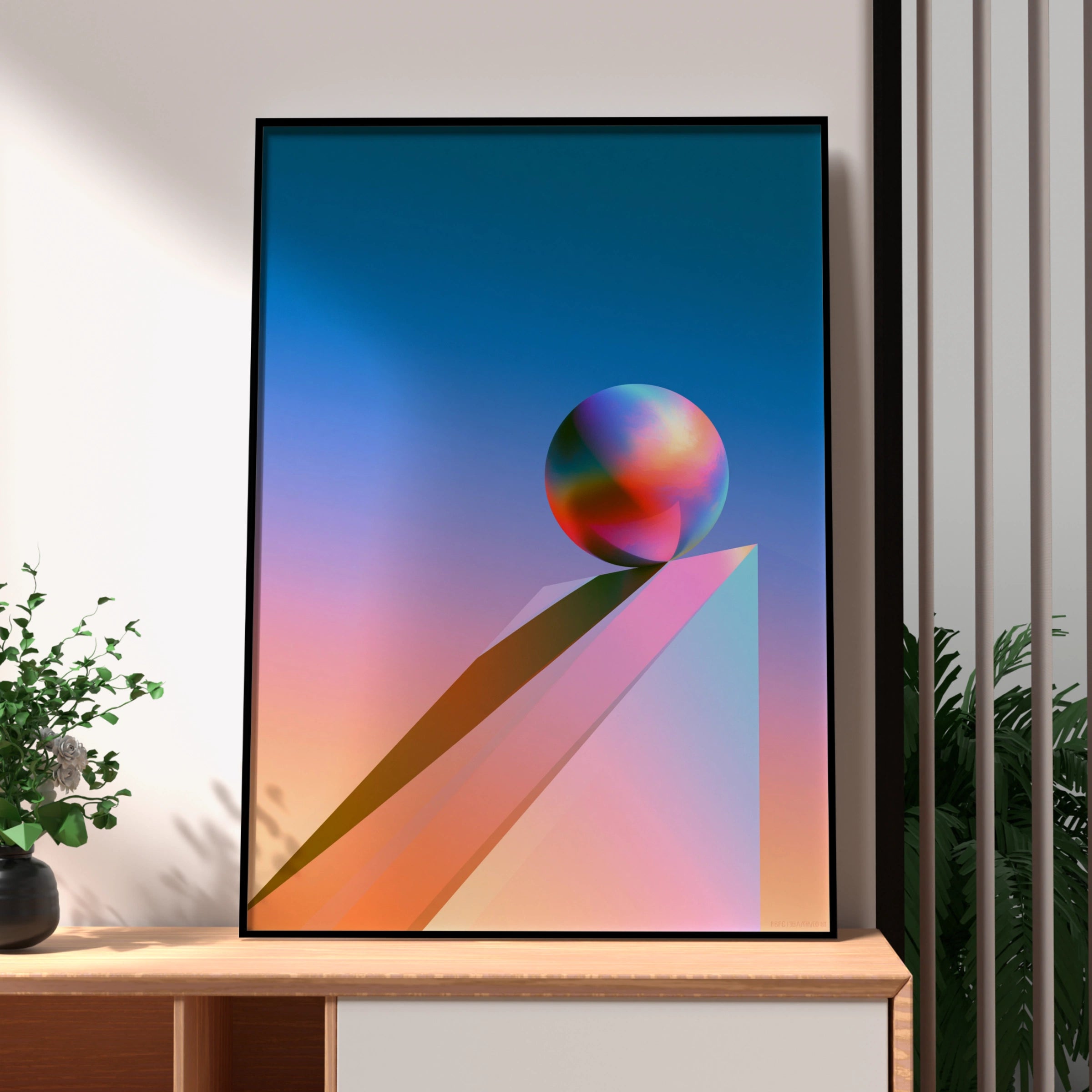 Iridescent Sphere Geometric Poster, 3D Abstract Ball Art Print, Modern Gradient