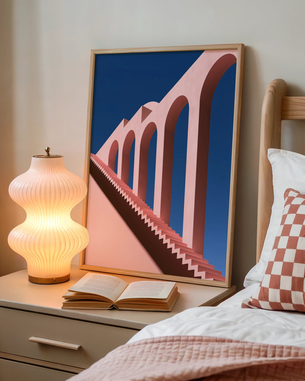 Pink Viaduct Stairs Architecture Poster, Minimalist Arches Wall Art Print