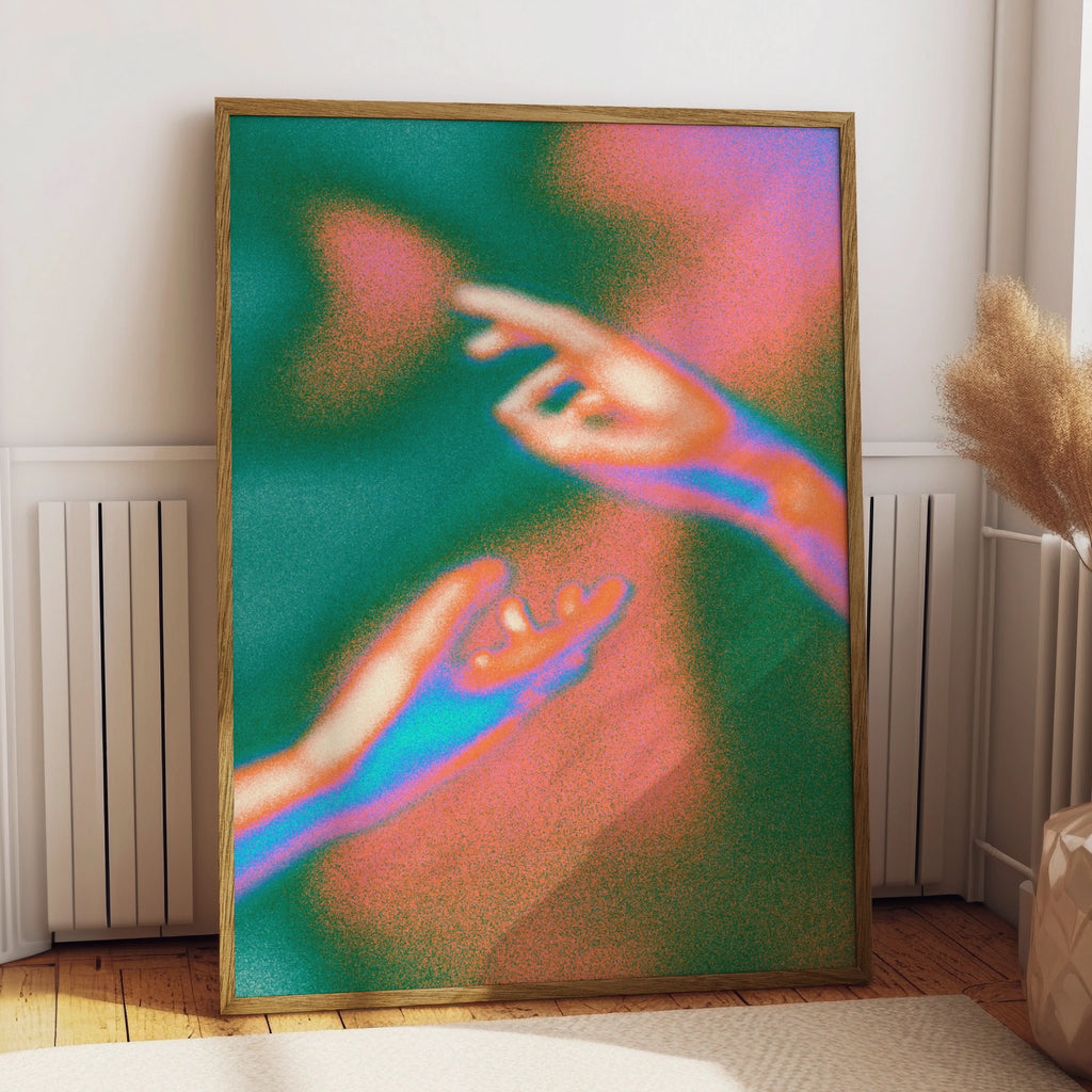 Psychedelic Hands Reaching Poster, Retro Love Art Print, Groovy Neon Wall Art