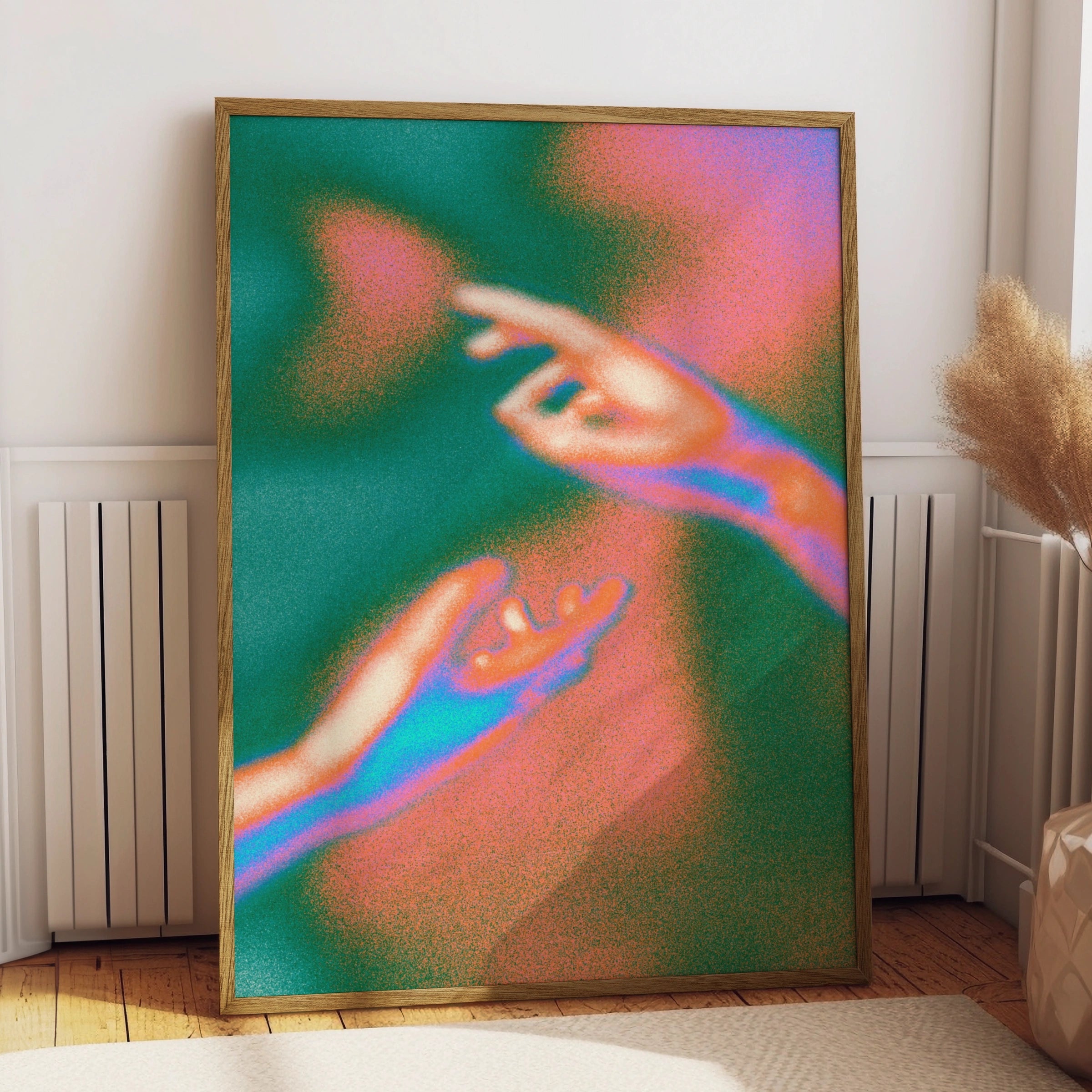 Psychedelic Hands Reaching Poster, Retro Love Art Print, Groovy Neon Wall Art