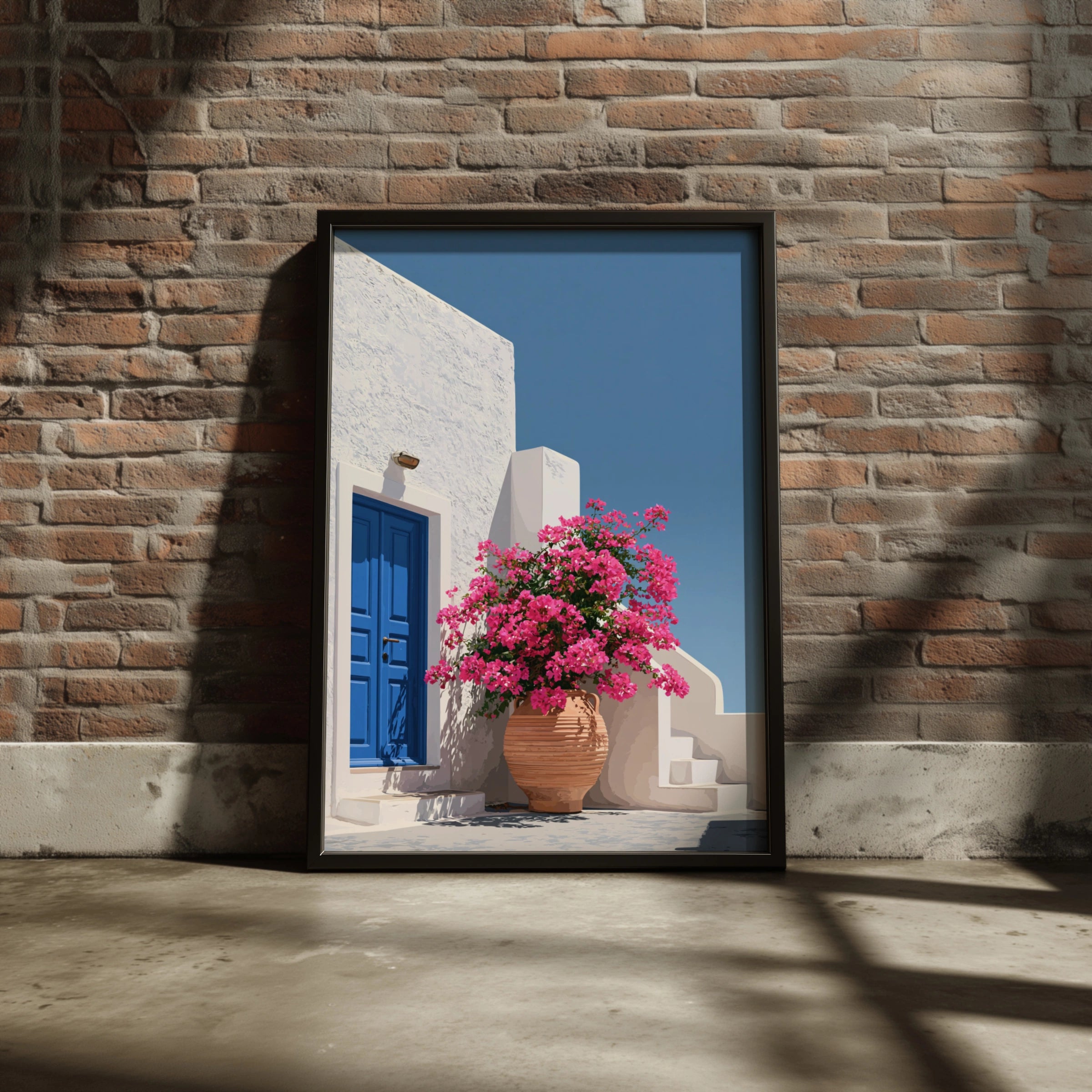 Greek Courtyard Bougainvillea Poster, Blue Door White Wall, Mediterranean Art Print