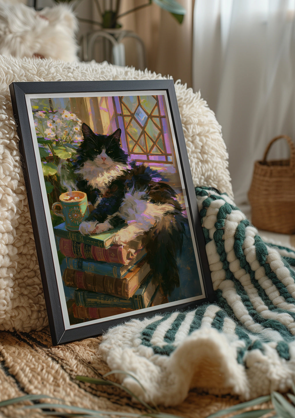 Sleepy Cat on Books Poster, Tuxedo Cat Wall Art, Cosy Reading Print