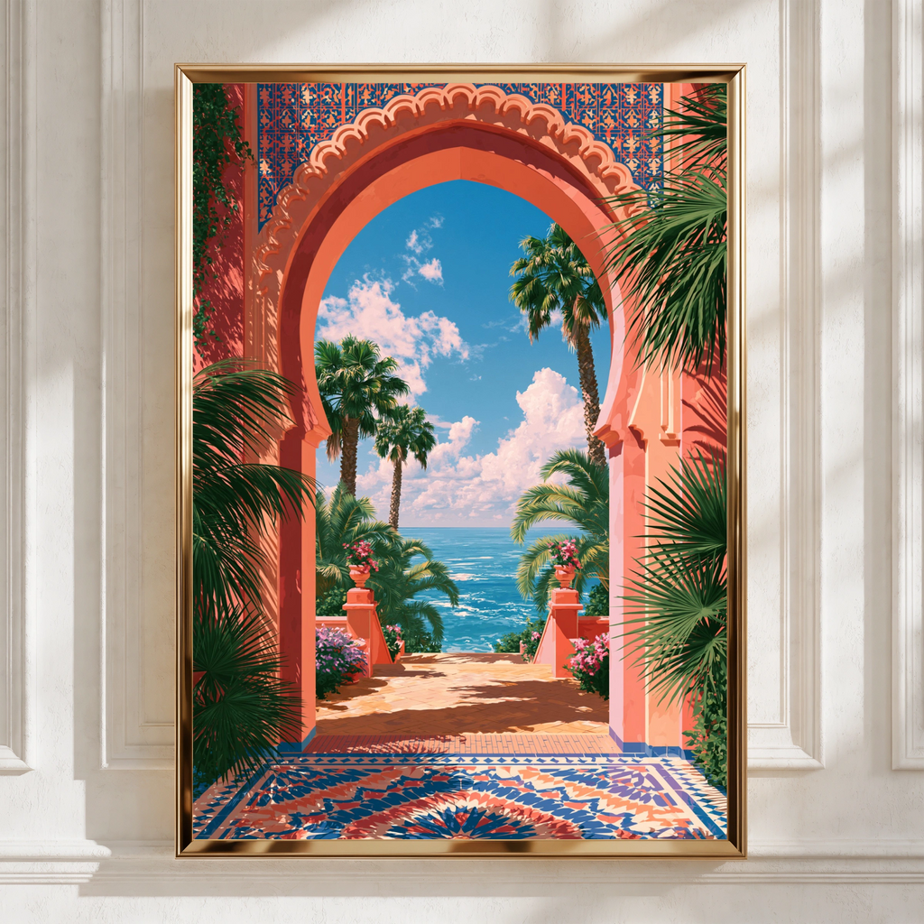 Moroccan Archway Palm Trees Sea View Wall Art Poster, Coastal Travel Print