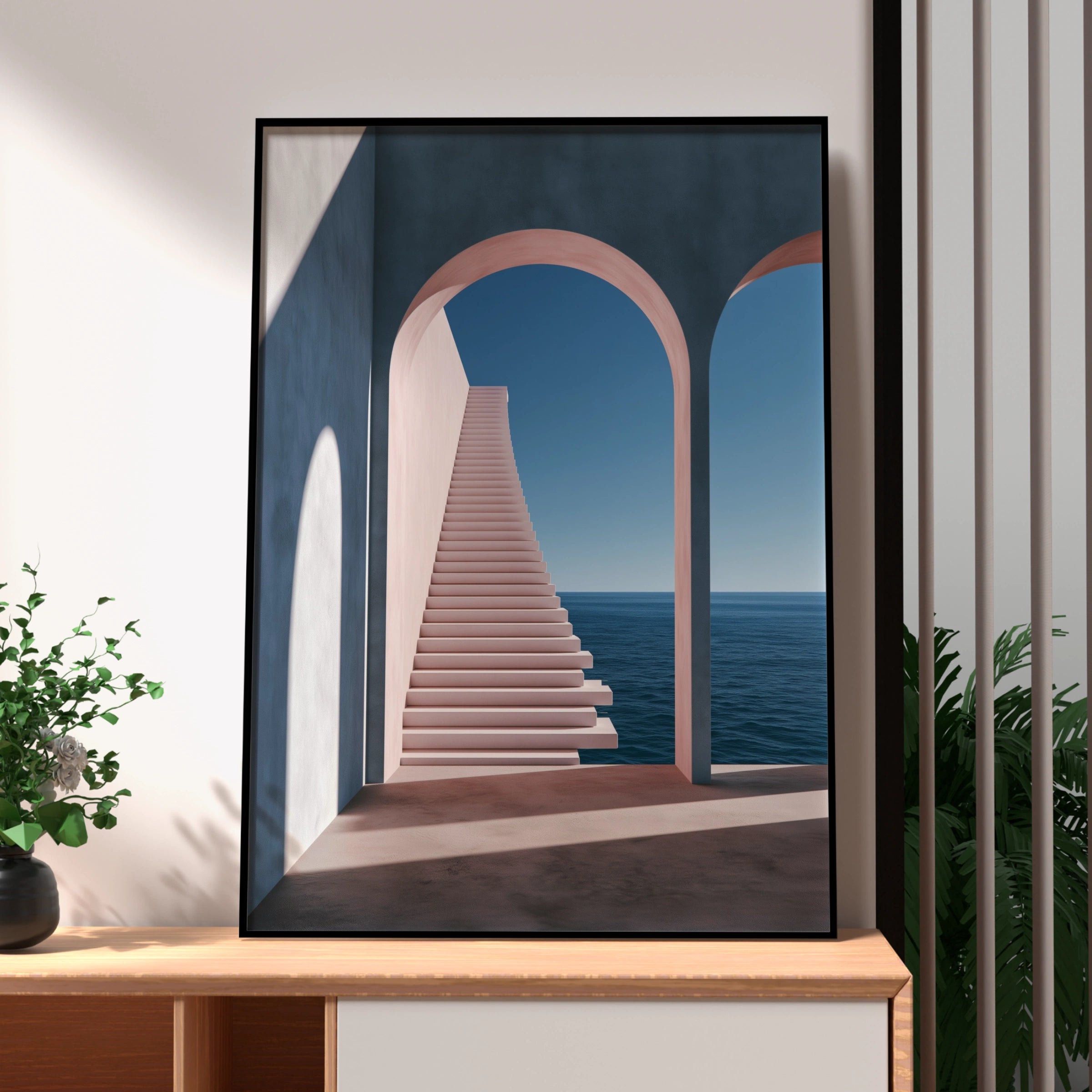 Arches Staircase Ocean View Poster, Minimalist Architecture Print, Pink Blue Wall Art