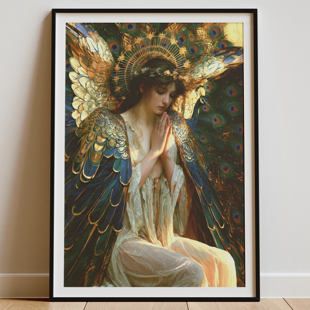 Angel Peacock Feather Wings Wall Art Poster, Pre-Raphaelite Style Print