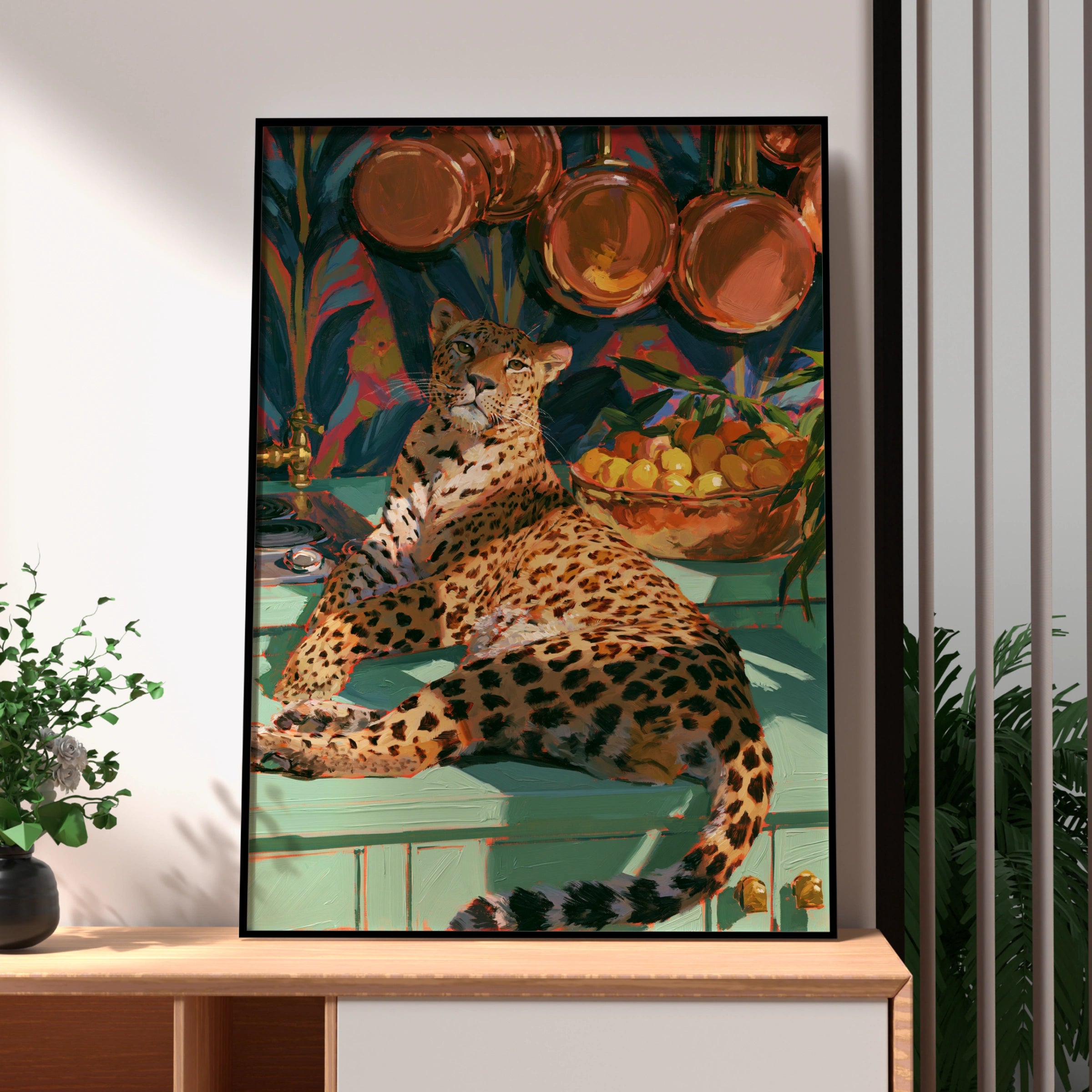 Jaguar in Kitchen Poster, Leopard Wall Art, Copper Pans, Maximalist Print