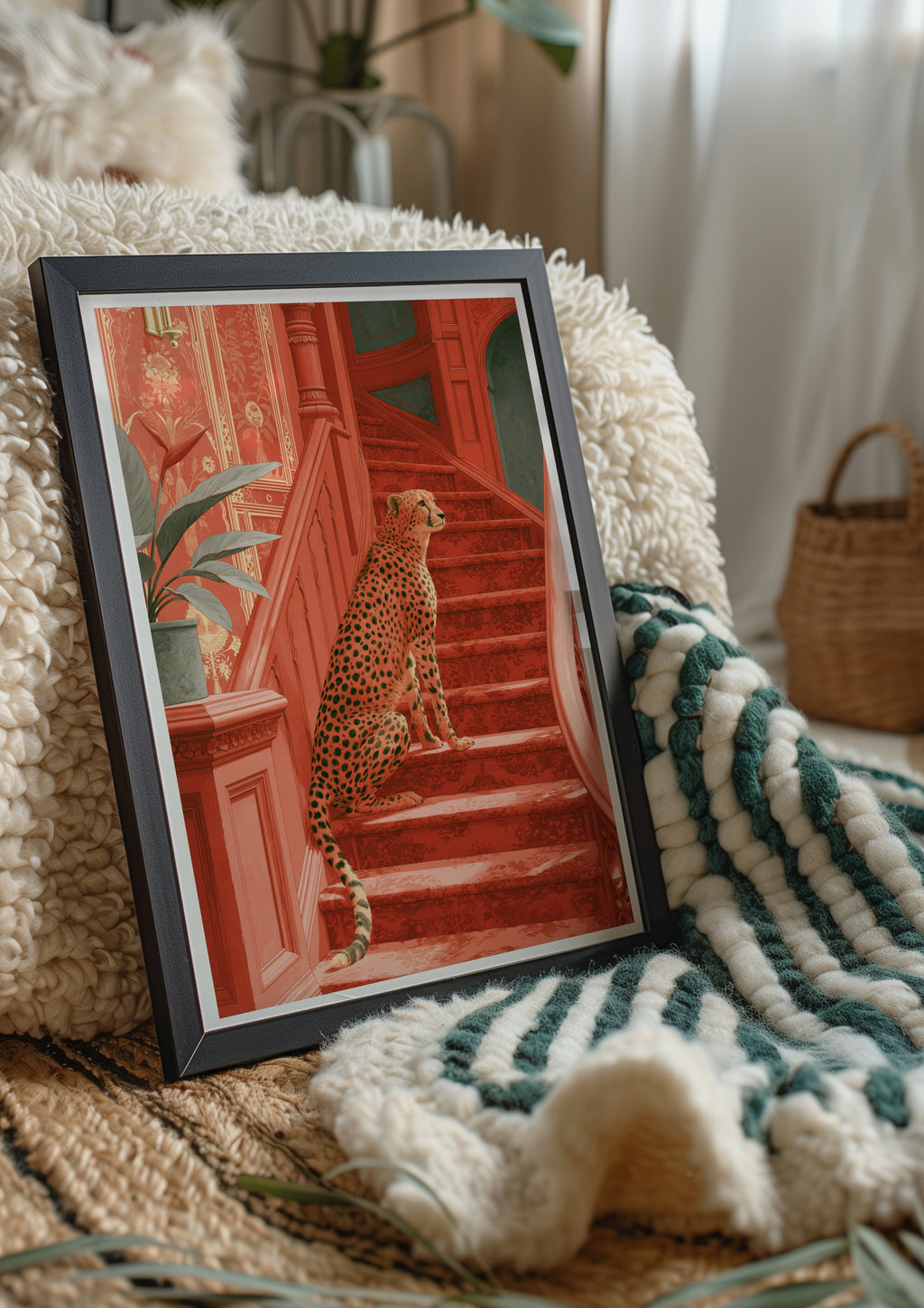 Cheetah on Red Staircase Poster, Victorian Interior, Bold Animal Wall Art