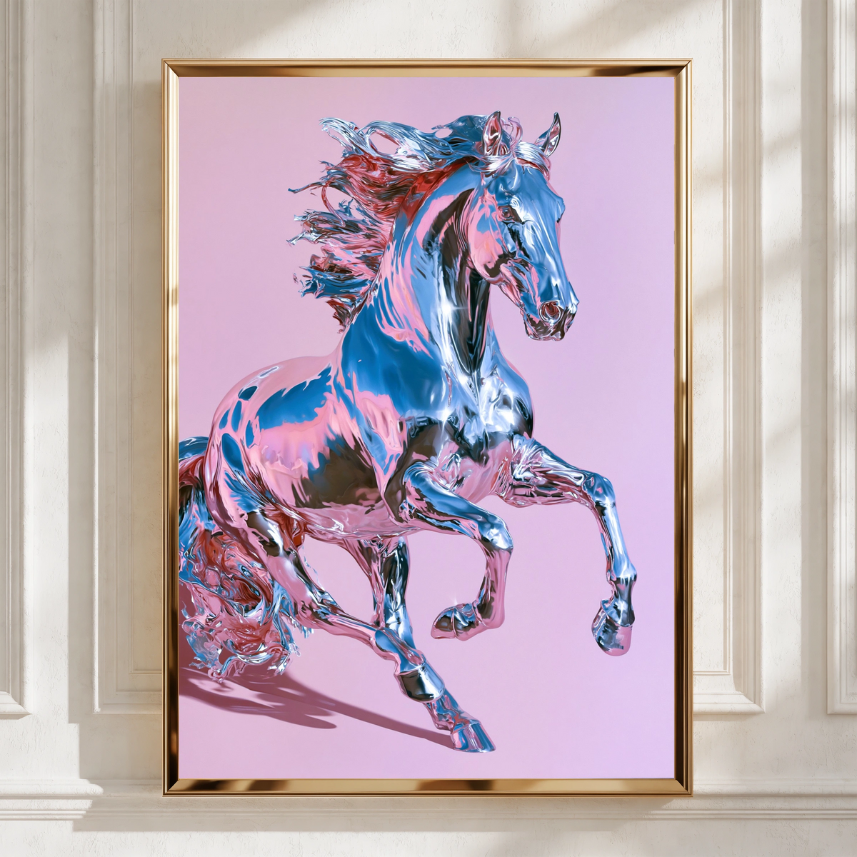 Chrome Horse Poster, Rearing Stallion Print, Pink Metallic Wall Art