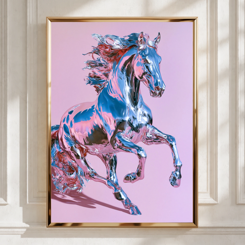 Chrome Horse Poster, Rearing Stallion Print, Pink Metallic Wall Art