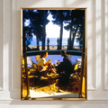 Couple Dining at Villa Terrace, Mediterranean Sea View Poster, Romantic Art