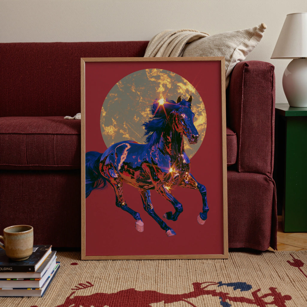 Chrome Horse Golden Sun Wall Art Poster, Red Bold Equestrian Print