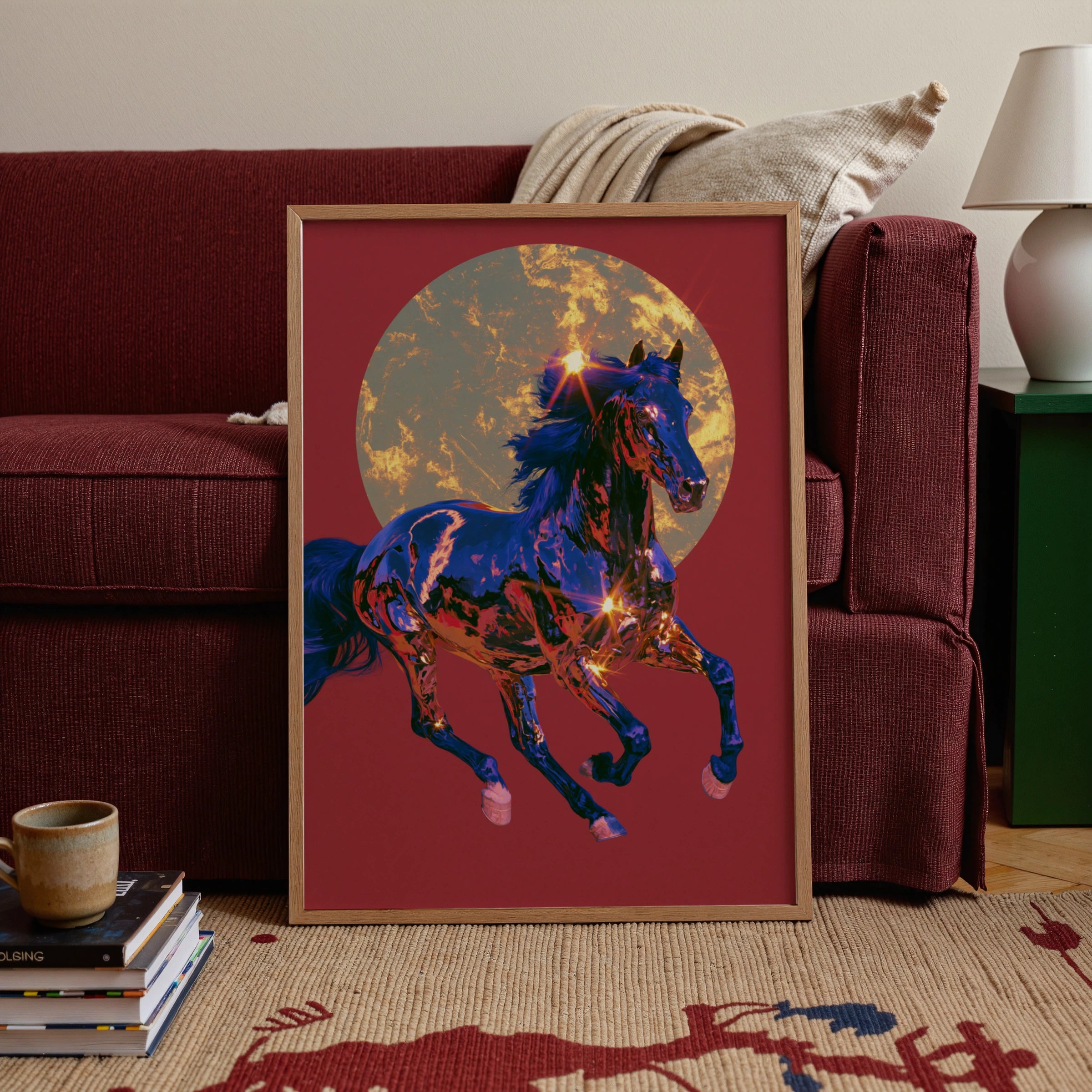 Chrome Horse Golden Sun Wall Art Poster, Red Bold Equestrian Print