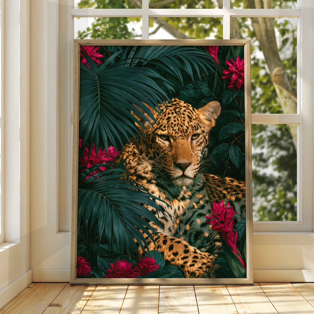 Jaguar Red Flowers Tropical Poster, Wild Cat Palm Leaves Wall Art Print
