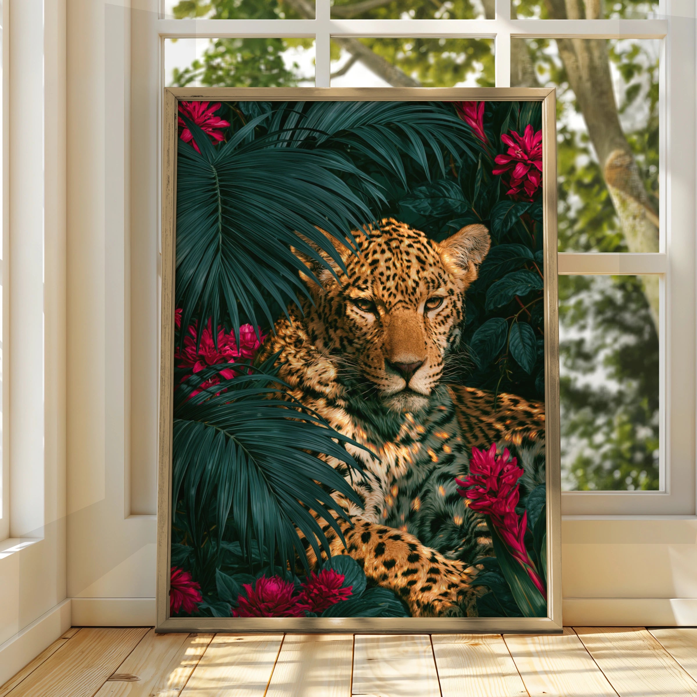 Jaguar Red Flowers Tropical Poster, Wild Cat Palm Leaves Wall Art Print