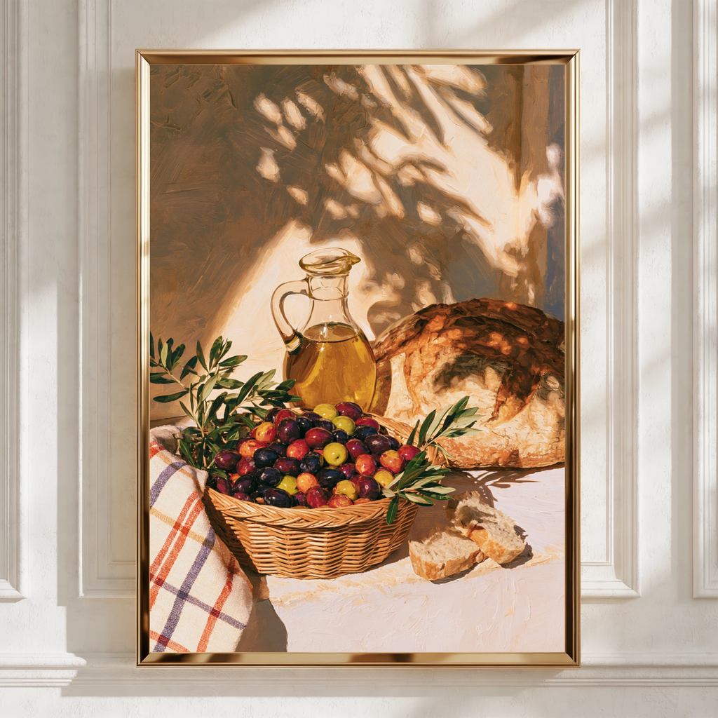 Olives Bread Olive Oil Still Life Poster, Mediterranean Kitchen Wall Art, Sun-Drenched Oil Painting Print