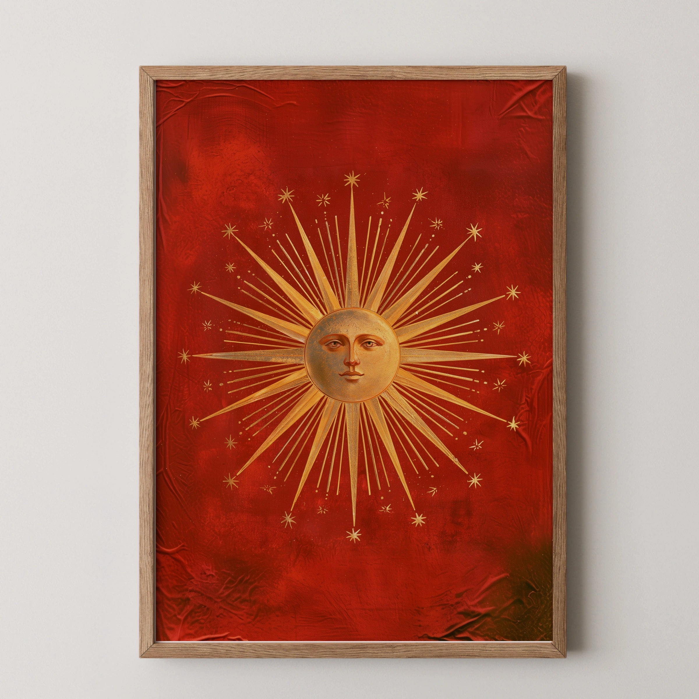 Vintage Tarot Sun Face Poster, Gold Celestial Wall Art, Red Occult Print