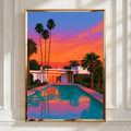 Desert Palm Springs Villa Pool Sunset Poster, Mid-Century Modern Art Print