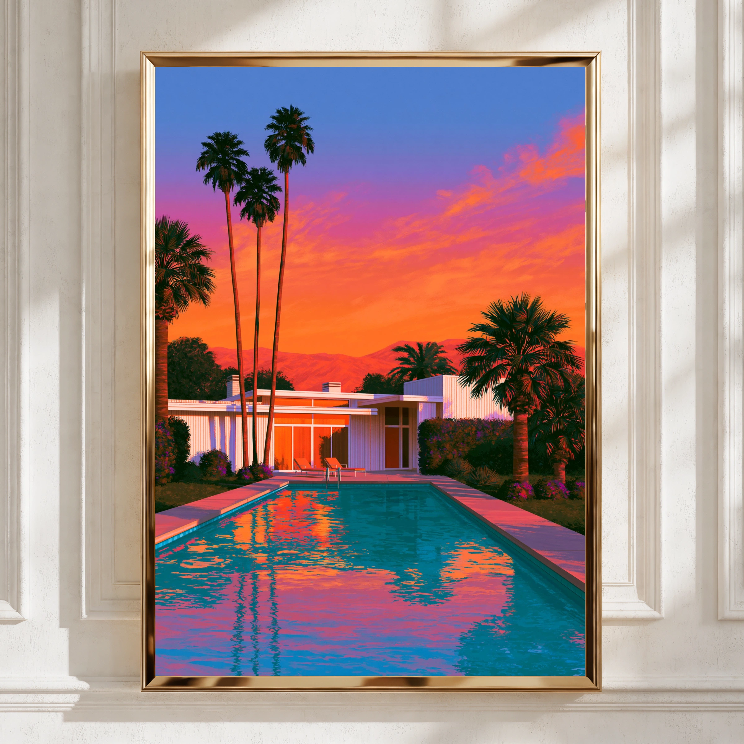 Desert Palm Springs Villa Pool Sunset Poster, Mid-Century Modern Art Print