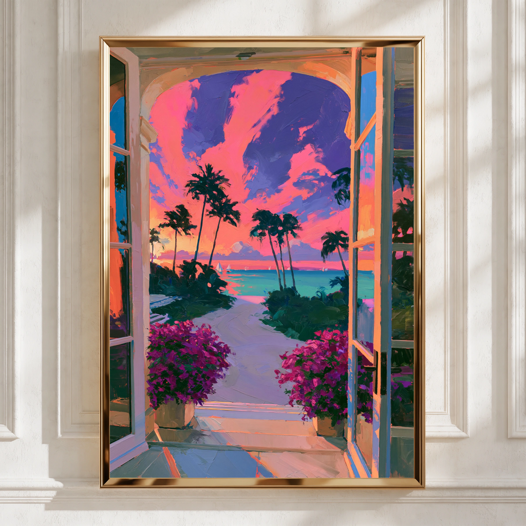 Sunset Beach View Through Arch Window, Tropical Palm Tree Poster, Vibrant Pink Sky Art