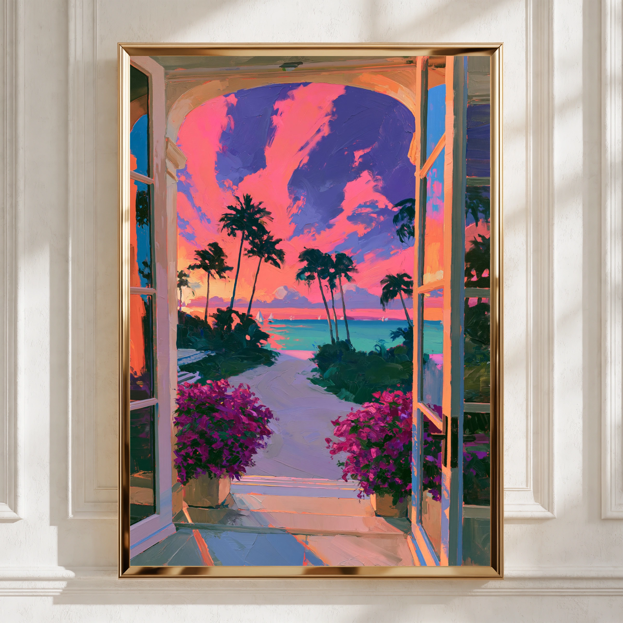 Sunset Beach View Through Arch Window, Tropical Palm Tree Poster, Vibrant Pink Sky Art