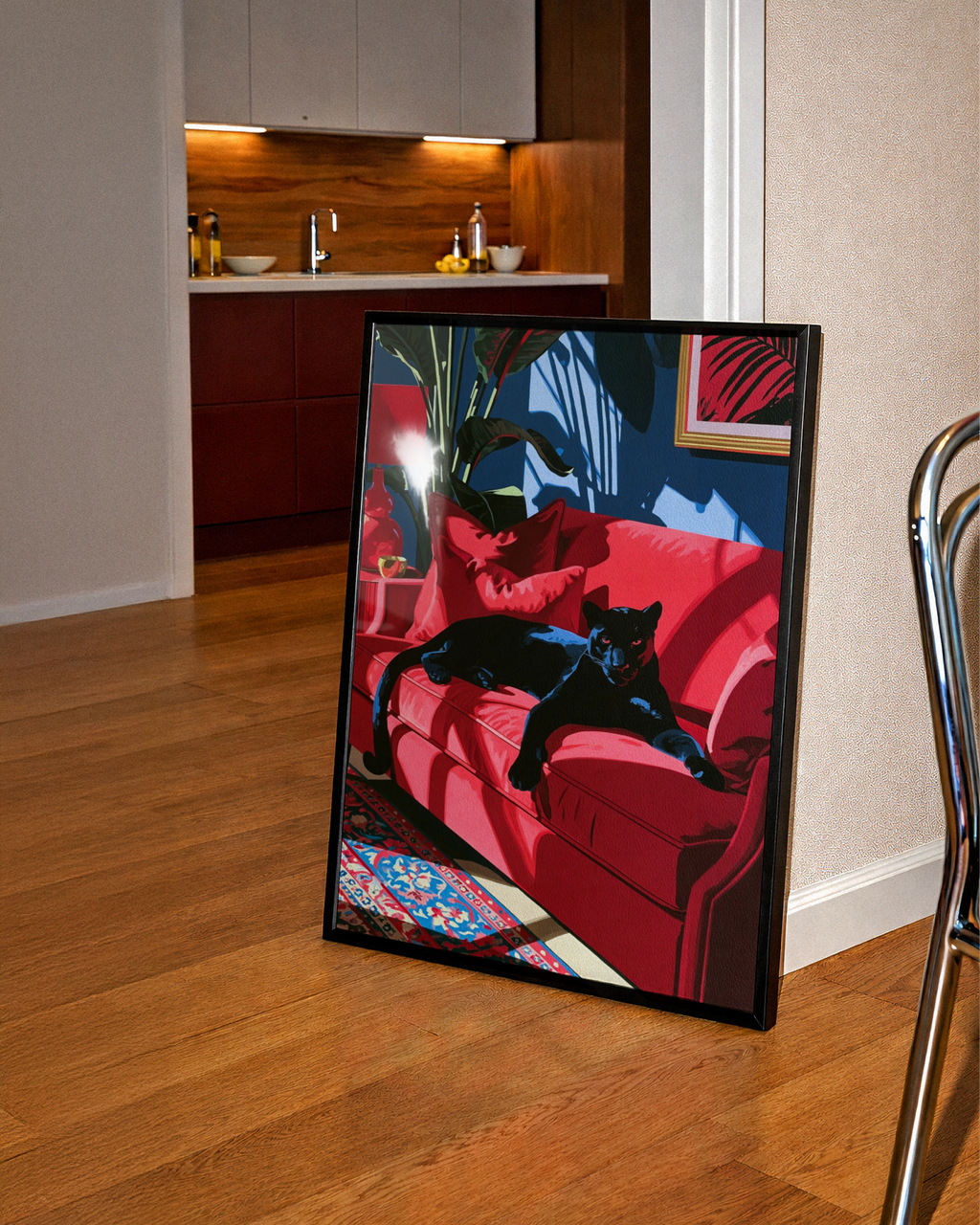 Black Panther Red Sofa Poster, Bold Animal Art Print, Maximalist Interior