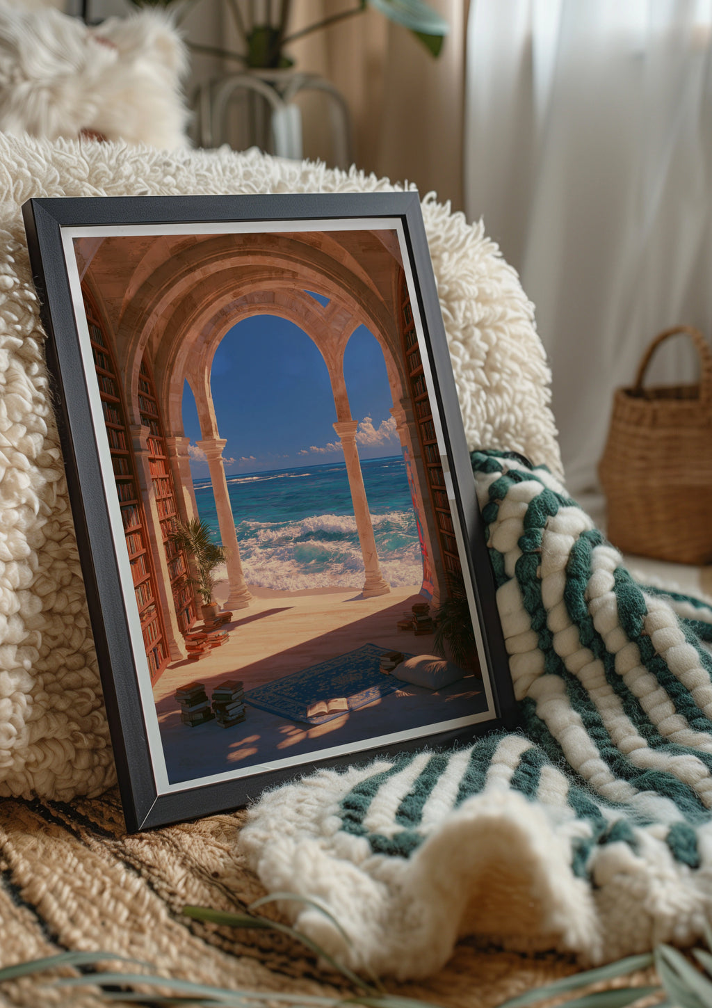 Library Sea View Poster, Stone Arches Bookshelf Ocean Wall Art Print