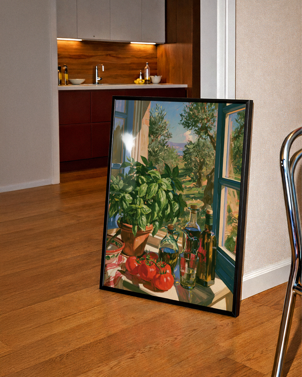 Italian Kitchen Window Poster, Tuscan Still Life, Olive Oil Basil Art Print