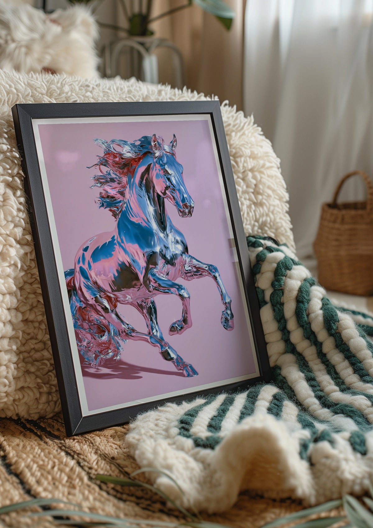 Chrome Horse Poster, Rearing Stallion Print, Pink Metallic Wall Art