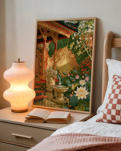 Balinese Temple Courtyard Poster, Garuda Fountain Lotus Garden, Tropical Wall Art